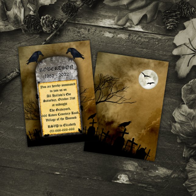 Convite O Cemitério Raven Spooky Tombstone Halloween (Criador carregado)