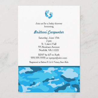 Convite O chá azul da camuflagem do bebé convida os pés
