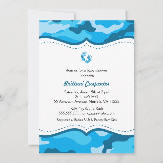 Convite O chá azul da camuflagem do bebé convida os pés (Frente)