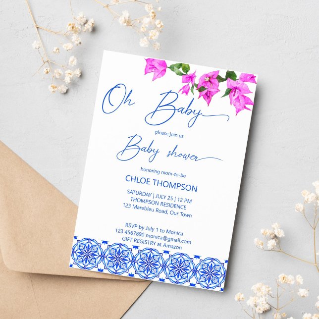 Convite Ó chá de fraldas azul francês bougainvillea (oh baby french blue tiles bougainvillea baby shower invitation template pink and blue Mediterranean)