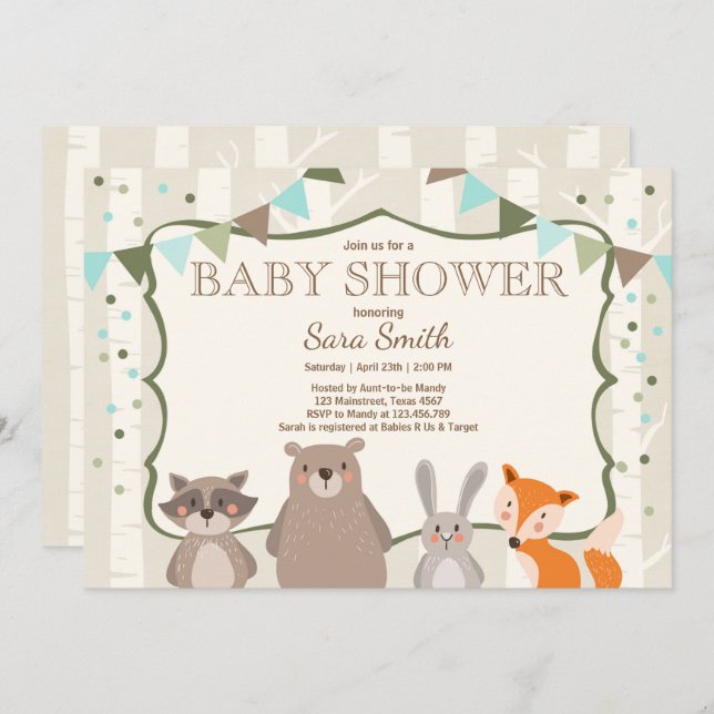 Convite O chá de fraldas da floresta do menino convida a (Frente/Verso)