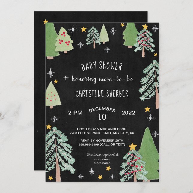 Convite O chá de fraldas do inverno da fazenda de árvore (Frente/Verso)