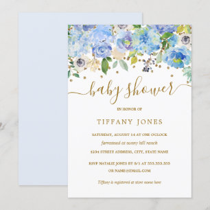 Convite O chá de fraldas floral azul Dourado da aguarela