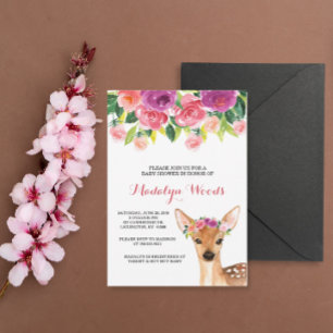 Convite O chá de fraldas floral dos cervos da aguarela da