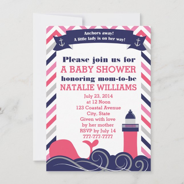 Convite O chá de fraldas náutico cor-de-rosa ou polvilha a (Frente)