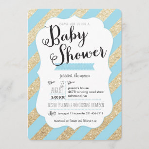 Convite O chá do bebé do brilho Dourado & das listras