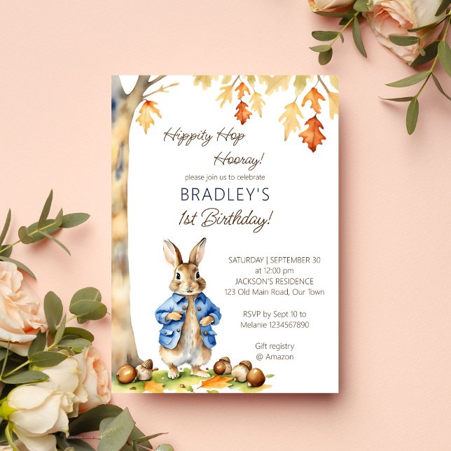Convite O coelho do Peter cai no templo da festa de aniver (Peter rabbit birthday party template invitation digital download fall themed boys birthday template)