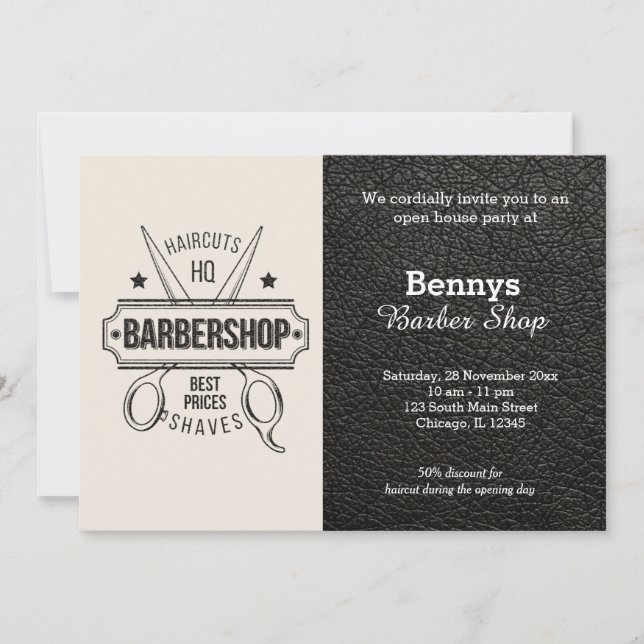 Convite O couro da barbearia está aberto (Frente)