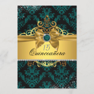 Convite O damasco elegante Dourado Quinceanera da cerceta