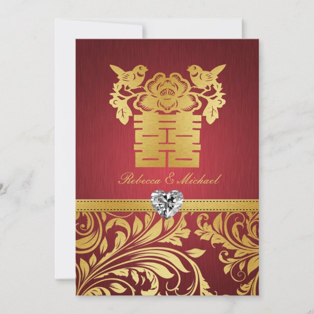Convite O damasco vermelho & Dourado, felicidade dobro (Frente)