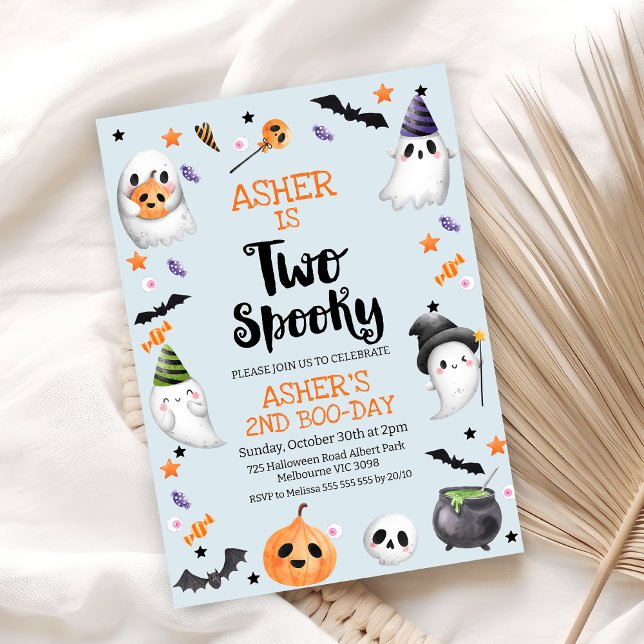 Convite O Dia das Bruxas Azuis do Menino Dois segundos ani (Blue Halloween Two Spooky 2nd Birthday Invitation, Halloween 2nd Birthday Invitation Boy, Ghosts)