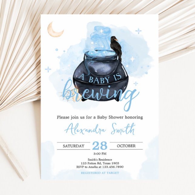 Convite O Dia das Bruxas Azul Um Bebê Está Criando Chá de  (Blue A Baby is Brewing Baby Shower Invitation)