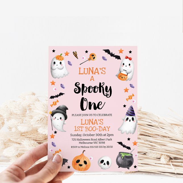 Convite O Dia das Bruxas Rosa Magra Um primeiro aniversari (Girls Halloween Spooky One 1st Birthday Invitation, Editable Pastel Pink Halloween First Birthday )