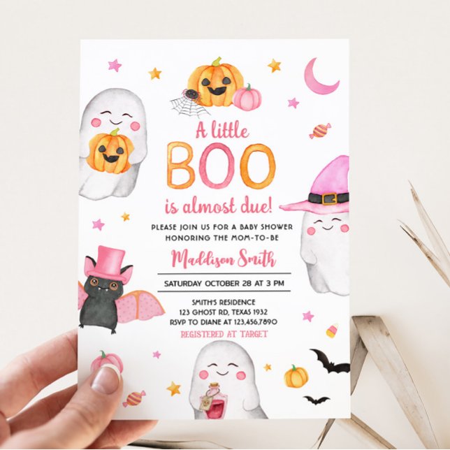 Convite O Dia das Bruxas Rosa Um Pequeno Chá de fraldas Fa (Pink A Little Boo Ghost Baby Shower Invitation)