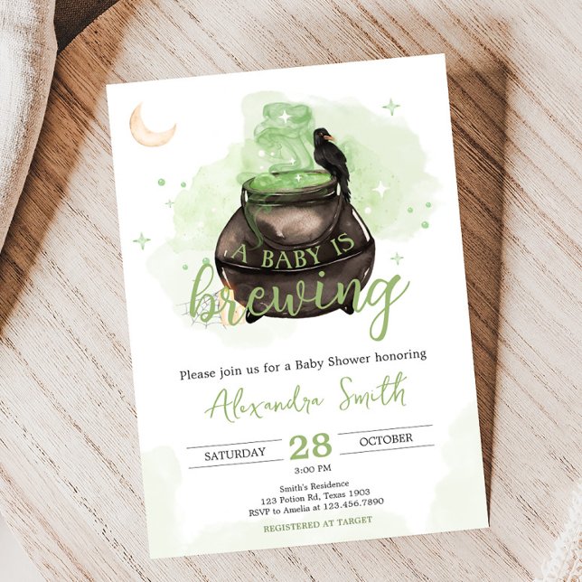 Convite O Dia das Bruxas Verdes Um Bebê Está Criando Chá d (Green A Baby is Brewing Halloween Baby Shower Invitation)