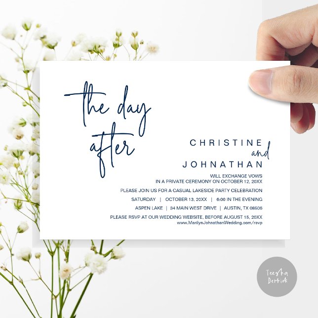 Convite O Dia Depois, Festa de Elopemento de Casamento Pos (The Day After, Modern Post Wedding Party Invitation Card, PDF, in Navy blue)