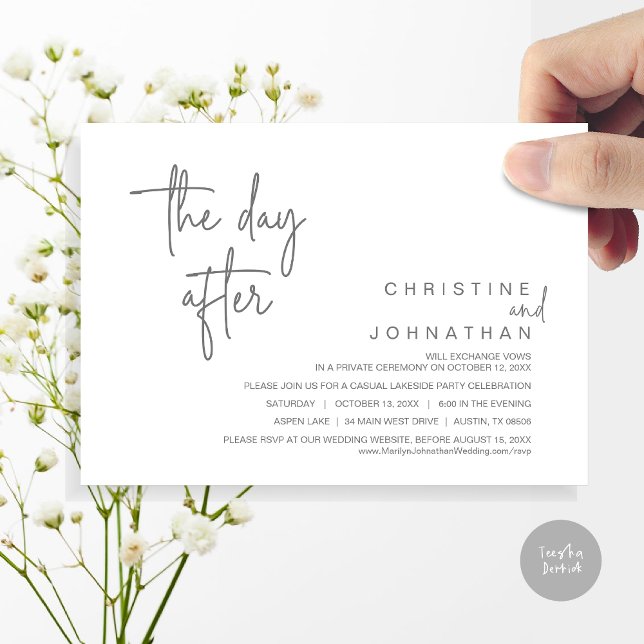 Convite O Dia Depois, Postar Festa de casamento, Cinzas Es (The Day After, Modern Post Wedding Party Invitation Card, PDF, in Dark Grey)
