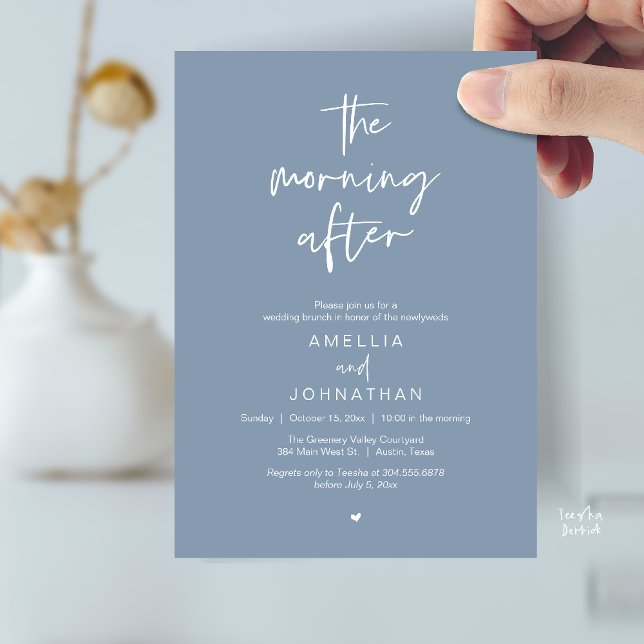 Convite O dia seguinte, Brunch de casamento moderno pós-ca (The morning after, Modern Post Wedding Brunch celebration  Invitation card in dusty blue)
