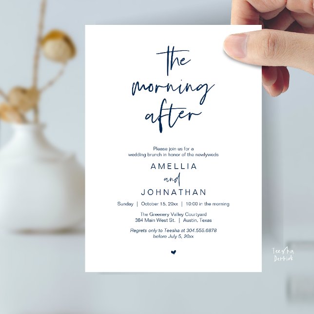 Convite O dia seguinte, Brunch de casamento moderno pós-ca (The morning after, Modern Post Wedding Brunch celebration  Invitation card in navy blue)