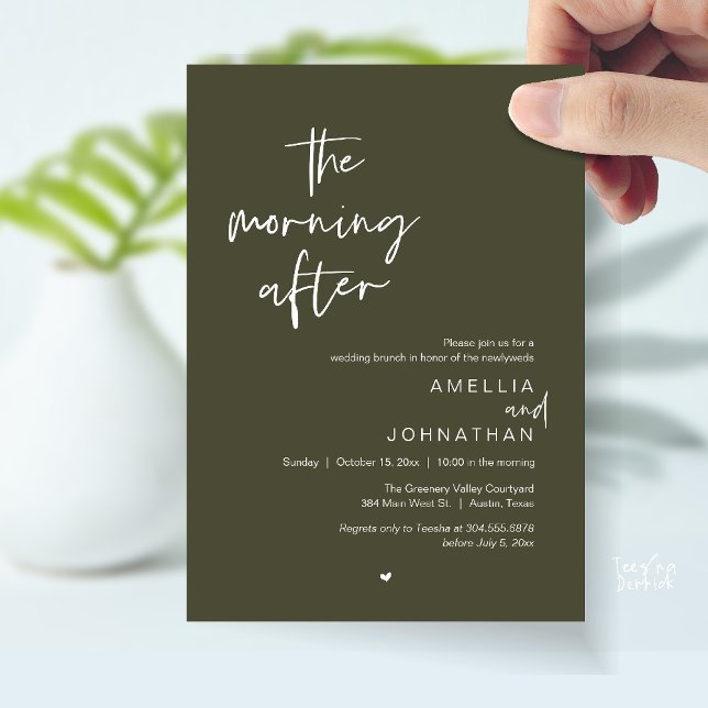 Convite O dia seguinte, Brunch de casamento moderno pós-ca (The morning after, Modern Post Wedding Brunch celebration  Invitation card in olive green)