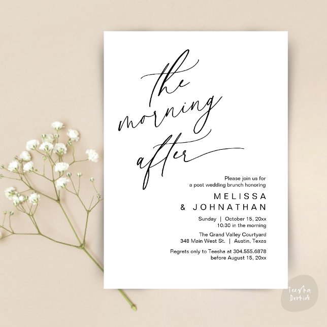 Convite O Dia Seguinte, Brunch Feliz para Sempre (The Morning After Modern Romantic Post Wedding Elopement Brunch Invitation Card PDF in White Black)