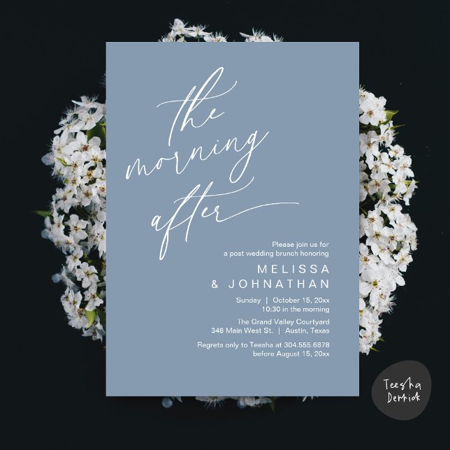 Convite O Dia Seguinte, Brunch Felizes para Sempre (The Morning After Modern Romantic Post Wedding Elopement Brunch Invitation Card PDF in Dusty Blue)