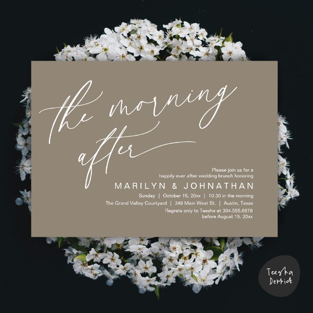 Convite O Dia Seguinte, Brunch Felizes para Sempre (The Morning After Modern Romantic Post Wedding Elopement Brunch Invitation Card PDF in Taupe Brown)