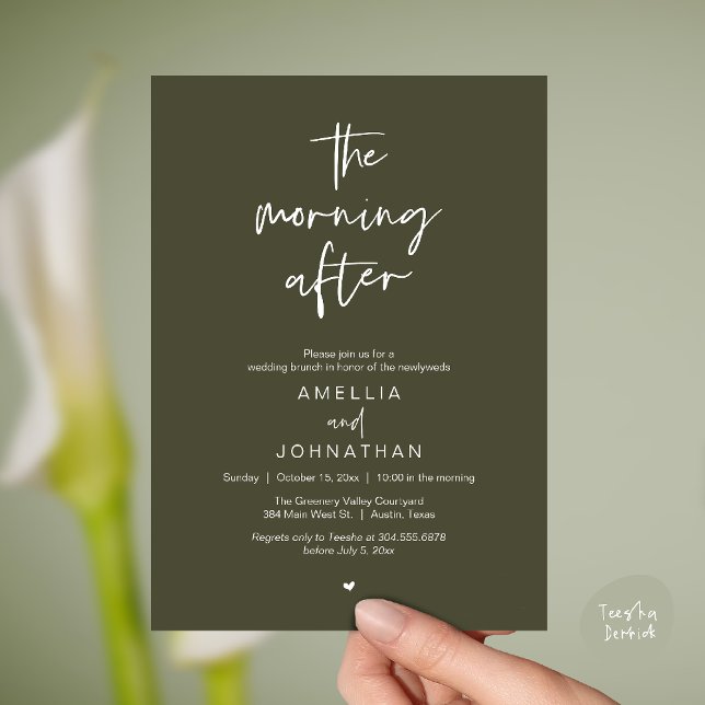 Convite O dia seguinte, Brunch moderno pós-casamento (The morning after, Modern Post Wedding Brunch celebration  Invitation card in olive green)