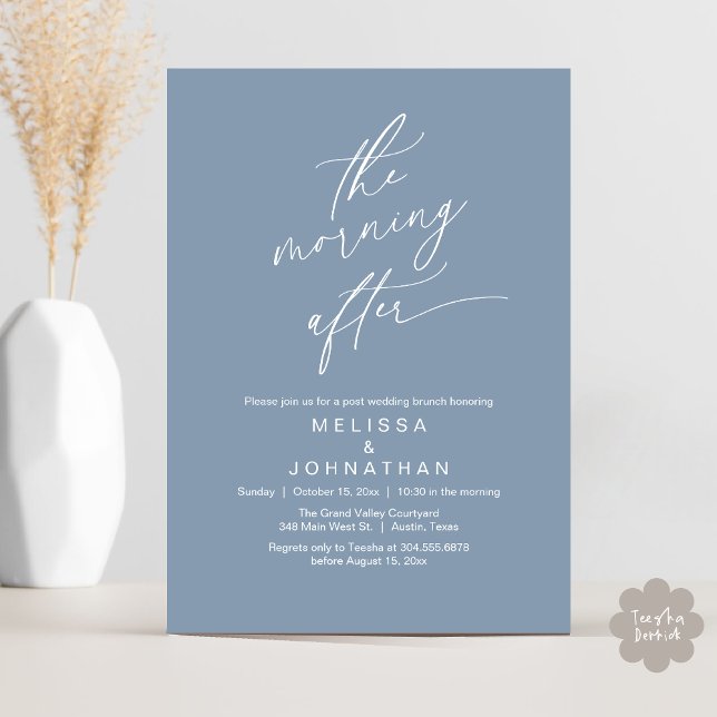 Convite O Dia Seguinte, Brunch Romântico Pós-Casamento (The Morning After Modern Romantic Post Wedding Elopement Brunch Invitation Card PDF in Dusty Blue)