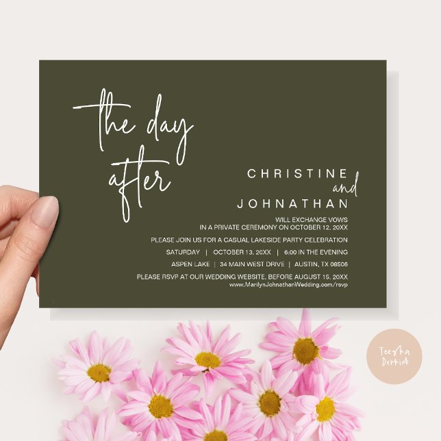 Convite O Dia Seguinte, Partido do Elopemento do Casamento (The Day After, Modern Post Wedding Party Invitation Card, PDF, in Olive green)