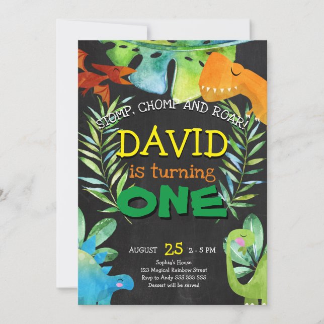 Convite O Dinossauro é o primeiro aniversário da festa da  (Frente)