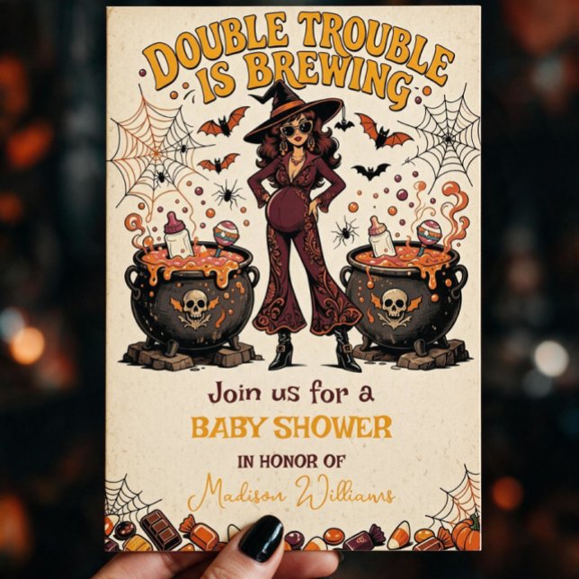 Convite O Dobro do Problema está Cozinhando Gêmeos de Hall (Double Trouble is Brewing Halloween Twins Invitation)