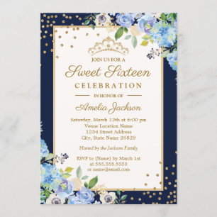 Convite O doce floral azul Dourado dezesseis da faísca