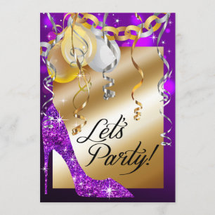Convite O estilete do brilho Balloons o roxo do