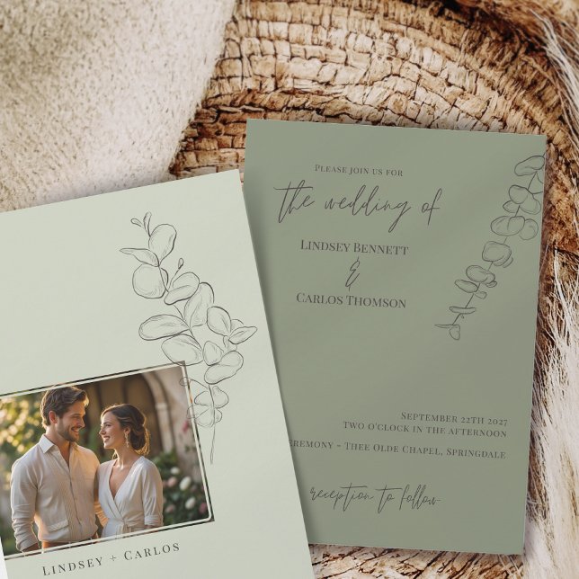 Convite O eucalipto de mão minimalista deixa foto (Criador carregado)