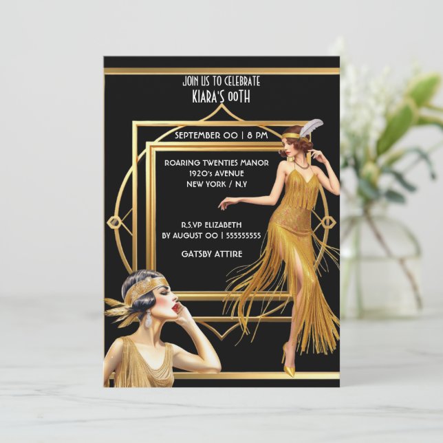 Convite O Excelente Gatsby Black Gold Flapper Girl art dec (Em pé/Frente)