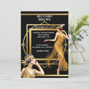 Convite O Excelente Gatsby Black Gold Flapper Girl art dec