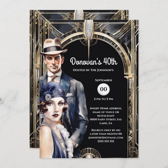 Convite O Excelente Gatsby gold black flapper man 1920 (Frente/Verso)