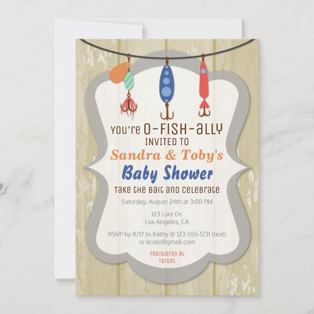 Convite O-FISH-ALLY Fishing Baby Shower Invitation - Tan (Frente)