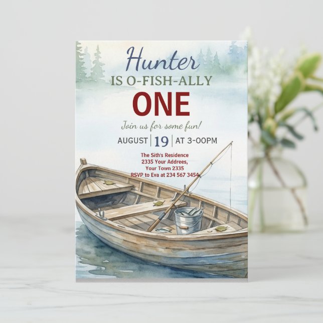 Convite O-fish-Ally, Little Fisherman, 1st  Birthday Party (Em pé/Frente)