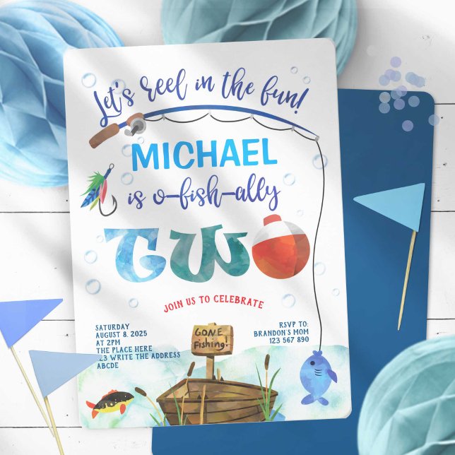 Convite O-fish-ally, pescador pequeno, segundo aniversário (O-fish-ally, Fishing themed, boy 2nd birthday invitation.)