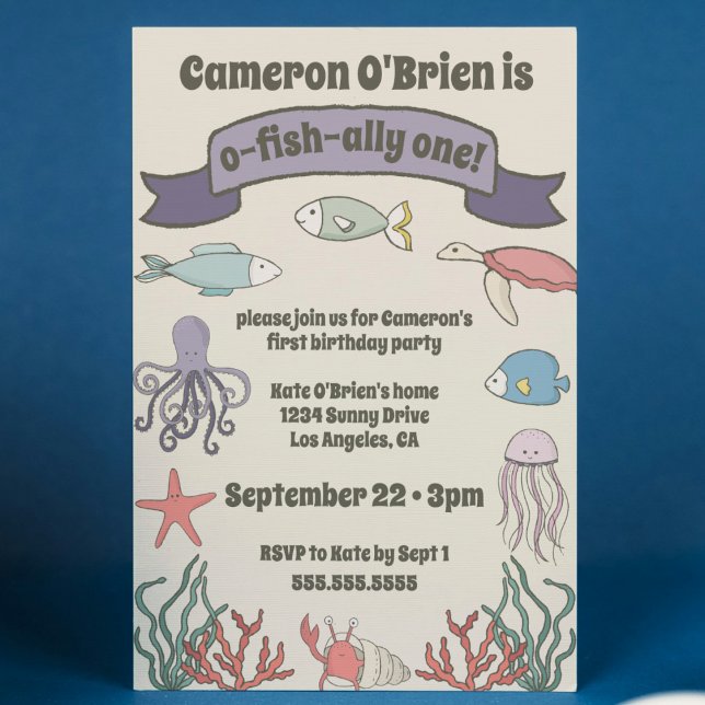 Convite O-FISH-ALLY UM Festa de primeiro aniversario de Be (o-fish-ally one first birthday party invitation fishing 1st bday invite cute modern ocean sea theme)