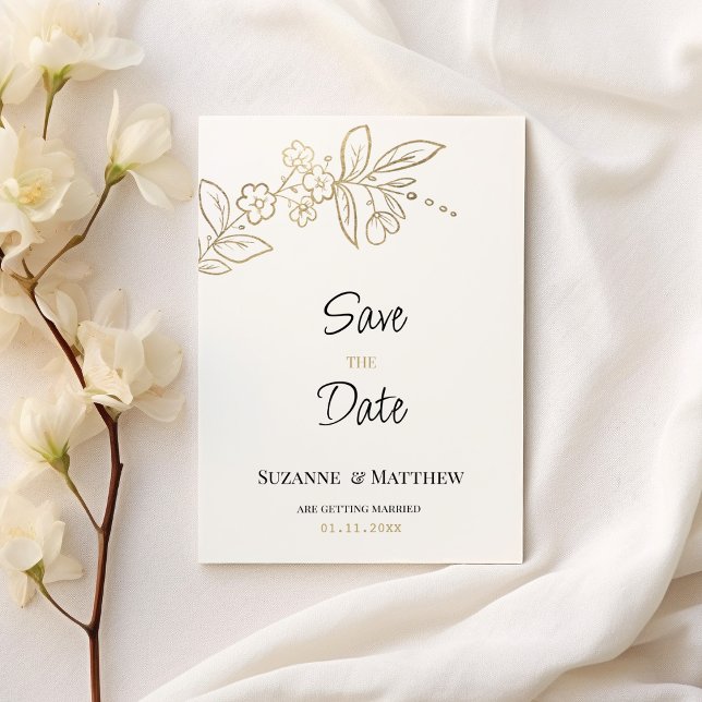 Convite O floral simples de ouro branco elegante Guarde a  (Elegant white gold simple floral Save the Date)