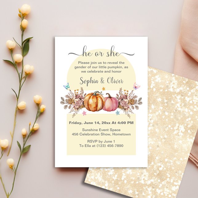 Convite O Gênero Da Abóbora Da Aquarela Revela Ele Ou Ela (Criador carregado)