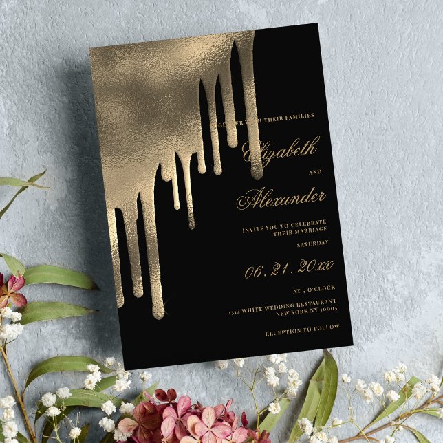 Convite O gradiente preto clássico dourado pinga o tema do (Classy black gold gradient drips wedding theme invitation )