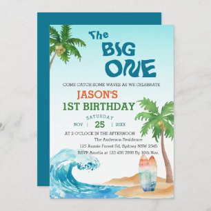 Convite O Grande primeiro aniversario de Surf Watercolor B