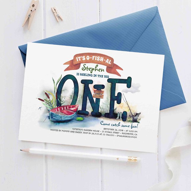 Convite O Grande Que Atingiu Rapazes Primeiro Aniversário (It's O-Fish-Al - Amazing Fishing Themed 1st Birthday Invitations)