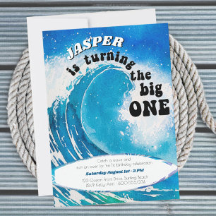 Convite O Grande Um Onda de Surf no Oceano 1º Aniversário