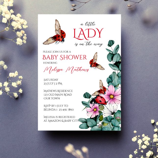 Convite O inseto da senhora chá de fraldas (Lady bug little lady spring summer girls baby shower invitation editable template instant download)