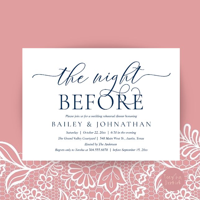 Convite O Jantar da Véspera, Jantar de Ensaio de Casamento (Modern Wedding Rehearsal Dinner, The Night Before Invitation Card in Navy Blue)